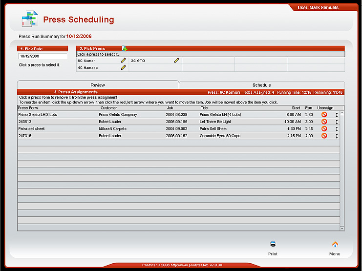 Press Scheduling screenshot